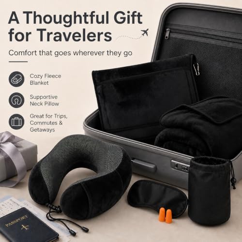 Travel Blanket and Pillow Set - Neck Pillow Airplane Essentials, Black - color: Black
