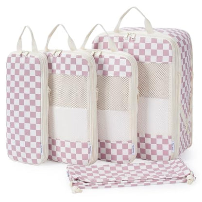 Narwey Compression Packing Cubes for Travel, Cute Luggage Organizer Bags - color: ZZ-Dusty Pink Checkerboard
