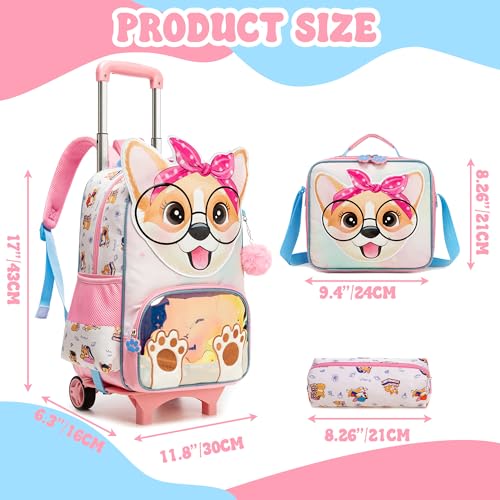 Meetbelify Girls Rolling Backpack with Wheels Kids Wheels Backpack for Girls Luggage with Lunch Box Pencil Case for Elementary Student - color: Dog