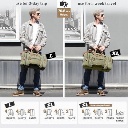 Gonex Canvas Duffle Bag, Expandable 60L Travel Overnight Weekender Bag - color: Army Green, size: X-Large-60L (Without Shoe Compartment)