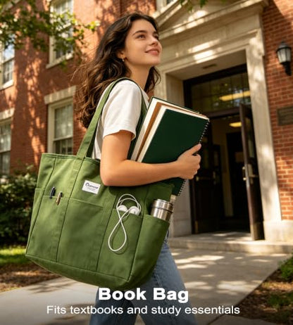 Oceanae Large Canvas Tote with Zipper for Women Men, Beach Travel Totes Work Bag - color: Olive Green