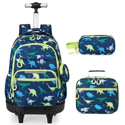 3 PCS Dinosaur Rolling Backpack for Boys Girls with Lunch Bag - color: Green Dinosaur