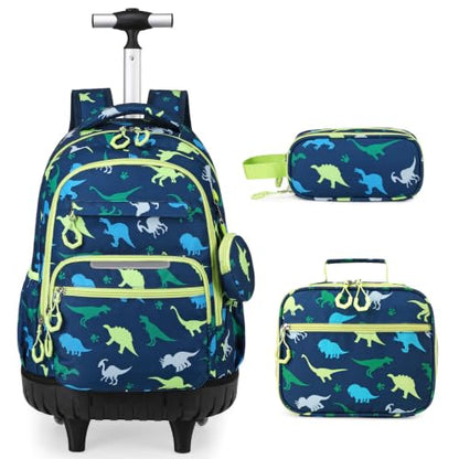 3 PCS Dinosaur Rolling Backpack for Boys Girls with Lunch Bag - color: Green Dinosaur