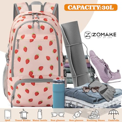 ZOMAKE Lightweight Packable Backpack 30L, Foldable Travel Hiking Daypack - color: D-strawberry Print