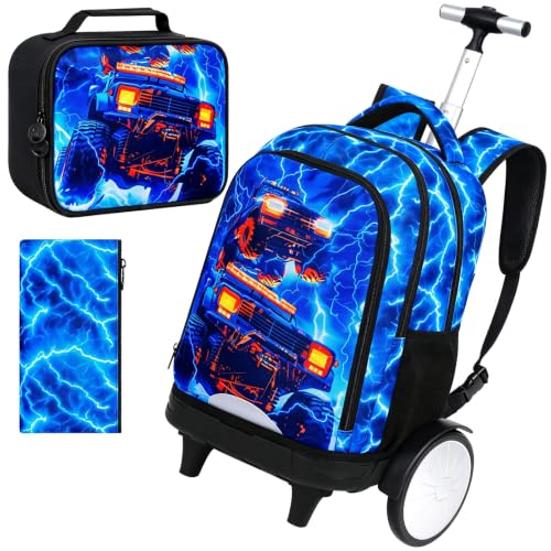 20 Inches Large Wheels Rolling Backpack for Boys with Detachable, 3Pcs Kids Lightning Truck Wheeled Backpack Set for Elementary School (Blue) - color: Lightning Dual-cab Truck (Large Wheels)