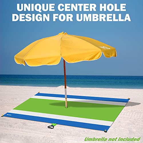 Green Water-Resistant, Sandproof 10x9ft Beach Blanket With Umbrella Hole–Beach Mat, Compact and Lightweight, Stuff Sack, 4 Stakes, Sand Pockets, Works with Beach Canopies, Umbrellas, Kids Tents - color: Green, size: 9x10