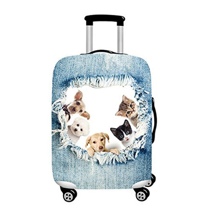 Denim 3D Cute Cat & Dog Luggage Cover, Washable Print, Fits 18-32 Inch, Scratch Resistant, White - color: Cat&Dog White, size: S