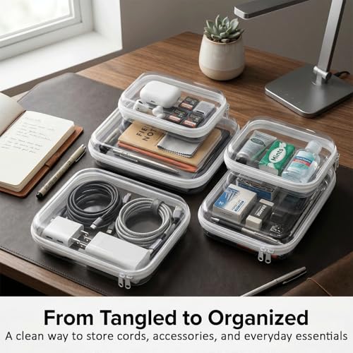 6 Pack Clear Hard Shell Zipper Case, See-Through Hard Plastic Organizer Pouches Zipper for Travel - Toiletries, Electronics, Pencils, Makeup, Secure Storage Design, 3 Sizes (2 Small/2 Medium/2 Large)