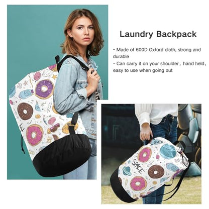 Cute White Donuts Planets Rockets Laundry Backpack Bag with Adjustable Shoulder Straps Handle Dirty Laundry Hamper Bag for Traveling Camp College Dorm Heavy Duty Waterproof Large Capacity - color: Cute White Donuts Planets Rockets