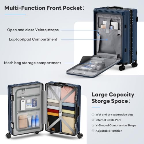 20 Inch Carry on Luggage with Front Pocket, Hard Shell Suitcase with Wheels - color: Blue