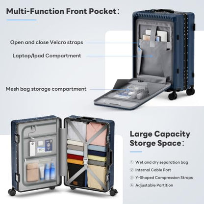 20 Inch Carry on Luggage with Front Pocket, Hard Shell Suitcase with Wheels - color: Blue