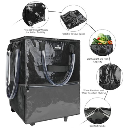 Large Reusable Grocery Bag On 5 Wheels, 130L Foldable Rolling Tote Bag - color: Black, size: Large