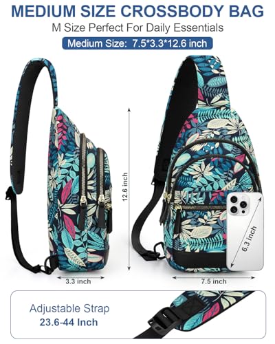 Capolo Crossbody Bags for Women Waterproof Sling Shoulder Bag Fanny Pack - color: Blue Leaves, size: Medium