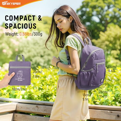SKYSPER Anti Theft Hiking Backpack, 18L RFID Packable Travel Daypack, Lightweight Foldable Back Pack for Walking Daytrip - color: Purple, size: Small