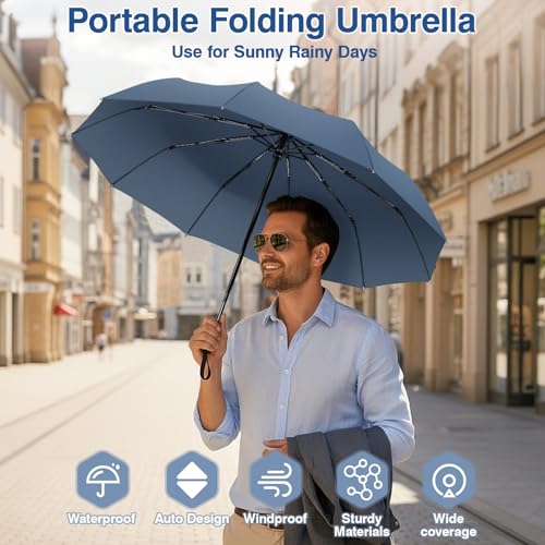 ZOMAKE Travel Umbrella Compact - 10 Ribs Portable Collapsible Umbrellas for Rain Windproof - Paraguas Automatic Small Folding Umbrella Lightweight Packable Umbrella for Women Men - color: Grey Blue