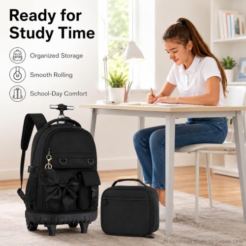 3Pcs Rolling Backpack for Girls Women, School Kids Roller Bookbag with Wheels, Wheeled Backpacks Set for Elementary (Black) - color: Bow Black