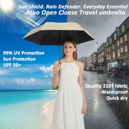 BAODINI Compact Travel Umbrella Small Windproof Auto Open Close for UV Sun Protection UPF 50+ and Rain Fits Backpack Purse & Suitcase - color: Beige