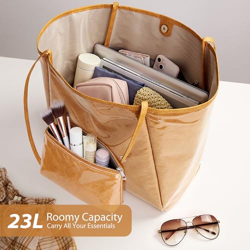 KALIDI PVC Tote Bag Women Large Kraft Paper Travel Beach Bag Jelly Purses - color: #2 Brown Set