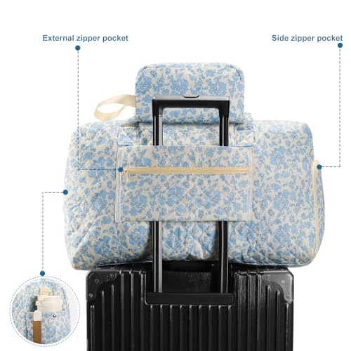 Large Quilted Travel Duffel Bag,Weekender bag with Shoe Compartment - color: Blue Floral