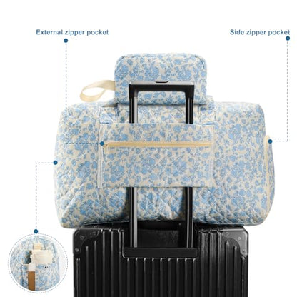 Large Quilted Travel Duffel Bag,Weekender bag with Shoe Compartment - color: Blue Floral