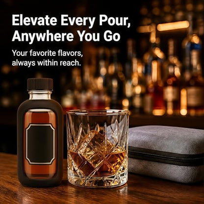 3×2oz (60ml) Glass Travel Bottles with Black Silicone Sleeves – Mini Flask Containers for Spirits, Hot Sauce, Oils & Bitters, Includes EVA Case, Funnel & Labels, TSA-Approved Leak-Proof Kit