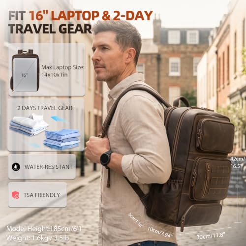 Full Grain Leather Backpack for Men, 16" Laptop Travel Rucksack, Brown - size: fits 16" laptop