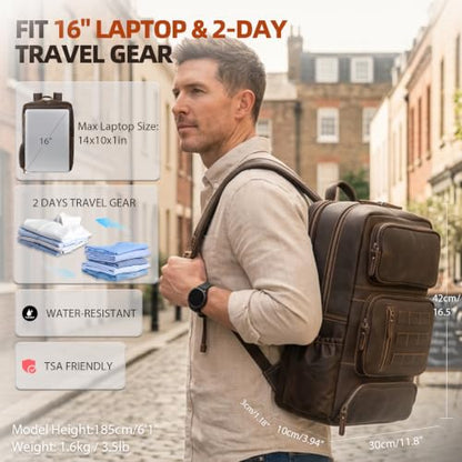 Full Grain Leather Backpack for Men, 16" Laptop Travel Rucksack, Brown - size: fits 16" laptop