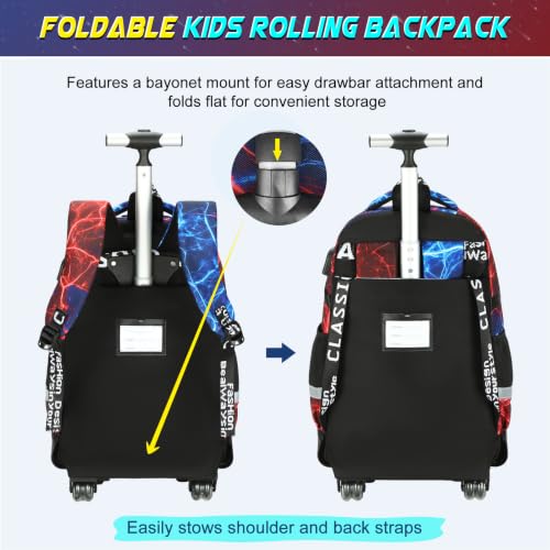 Scothen Cool Luminous Rolling Backpack for Boys with Lunch Bag Pencil Pouch - color: Cool Red Blue