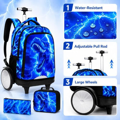3Pcs Large Rolling Backpack for Boys, 20 Inch Detachable Wheeled Bookbag with Lunch Box, Durable Lightning Dinosaur Roller Backpack for Elementary Middle School (Blue) - color: Large Wheels Dinosaur Blue