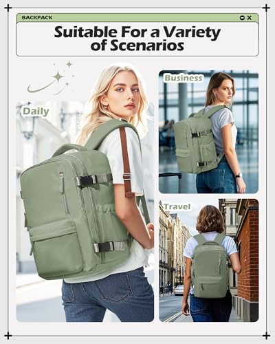 winspansy Travel Backpack for Women Men Essentials Carry on Luggage Flight Approved Personal Item Bag Work Backpack - color: Green