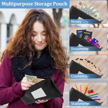 2 Pack PU Leather Bank Money Bags with Zipper & Label, Navy Blue, Black - color: Black