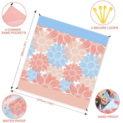 HIHOHO Waterproof Sandproof Beach Blanket Mat for 1-8 Adults, Quick Drying - color: Blue Flower, size: 79" X 108"（1~5 person）