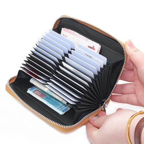 boshiho RFID Blocking 24 Slot Credit Card Holder Wallet Real Leather Multi Card Organizer Wallet with Zipper - color: Light Brown