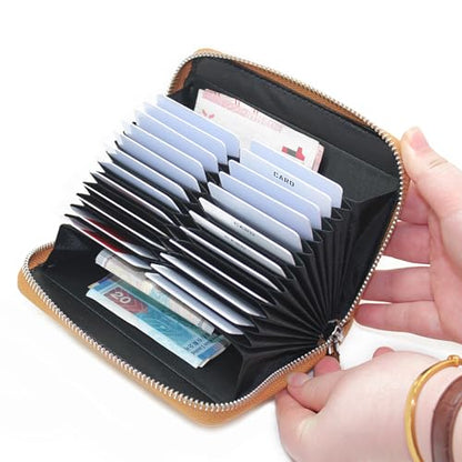 boshiho RFID Blocking 24 Slot Credit Card Holder Wallet Real Leather Multi Card Organizer Wallet with Zipper - color: Light Brown