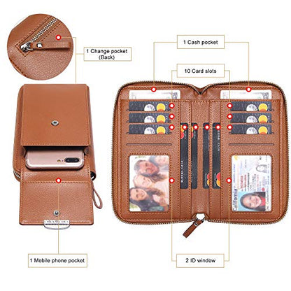 KUKOO Small Crossbody Bag Cell Phone Purse Wallet with Credit Card Slots for Women - color: A- Coffee Zipper Upgraded Version