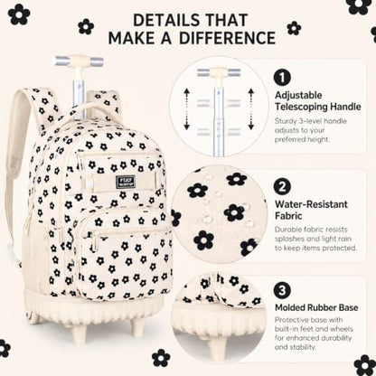 UFNDC 3PCS Wheeled Backpack for Girls, Women Beige Plum Blossom Roller Backpacks with Wheels, Water-Resistant Travel Rolling Bookbag - color: Rolling Backpack Set Plum Blossom Beige
