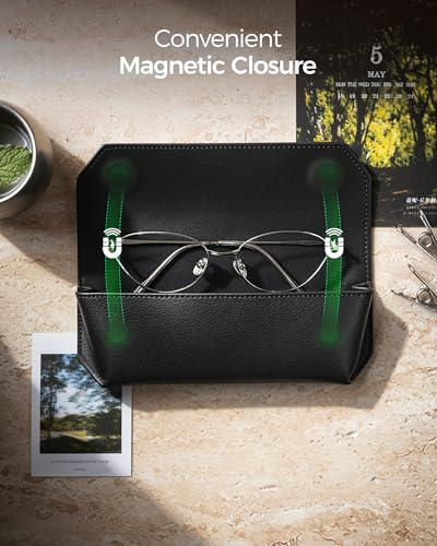VULKIT Genuine Leather Glasses Case, Magnetic Closure Sunglasses Case, Eye Glasses Cases for Men & Women Spectacle Cases - color: Classic Black