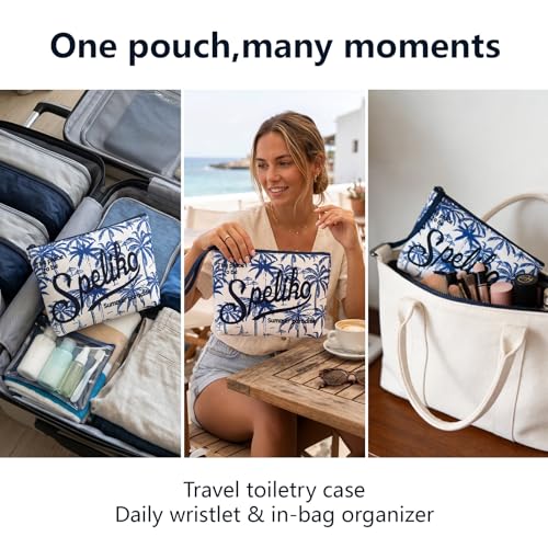 Makeup Bag with Wrist Strap, Waterproof Neoprene Cosmetic Pouch, Travel Toiletry Bag for Women, Compact for Purse - color: Indigo Palm Toile