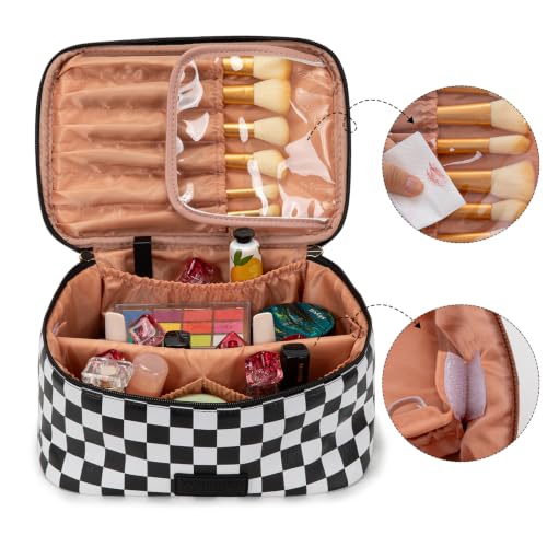 Wrangler Travel Makeup Bag 2pcs Set Cosmetic Bag with Makeup Brush Holder - color: Checkered-Black