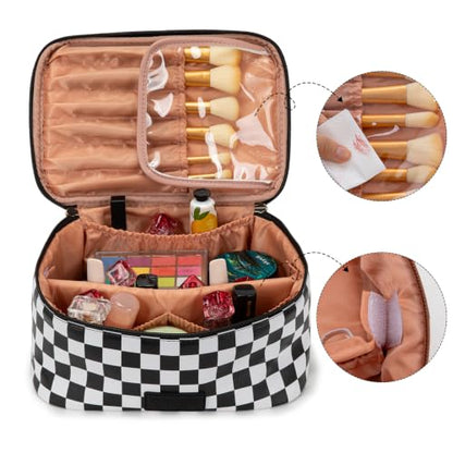 Wrangler Travel Makeup Bag 2pcs Set Cosmetic Bag with Makeup Brush Holder - color: Checkered-Black