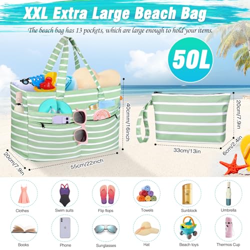 HUANLANG Extra Large Beach Bag Waterproof Beach Totes Bags for Women Men,Pool Bag with Zipper Wet Pocket - color: Light Green and White