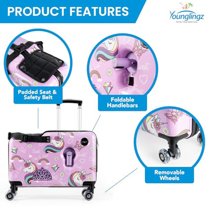 Younglingz LIL FLYER GO Version 2 Ride On Suitcase for Kids | Carry On Luggage with Toddler Seat, Foldable Handlebars, Pedals, and Removable Wheels | Holds up to 80 lbs | Glam | Ages 2-6 - color: Glam V2