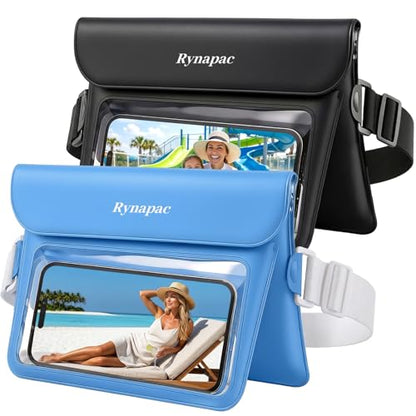 2 Pack Waterproof Fanny Pack, IPX8 Double Space Phone Pouch Dry Bag - color: Black+Blue