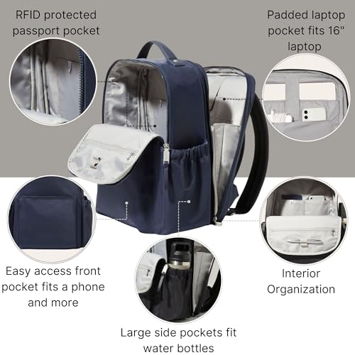 Baggallini Tribeca 확장 가능한 여행용 노트북 백팩, 방수 나일론 작업 가방, 정리함, 패딩 슬리브 및 RFID 기술 포함, 프렌치 네이비 트윌, 원사이즈 - color: 프렌치 네이비 트윌
