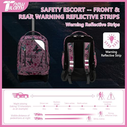 NEW TILAMI 18-Inch Rolling Backpack 6-Wheel for Kids School Travel - color: Pink Paris Cute