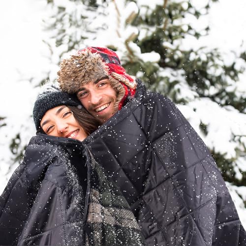 DUKUSEEK Large Waterproof Camping Blanket, Cold Weather Warm Fleece Blankets Windproof Triple Layers for Stadium,Camping, Concerts, Car, Dog - color: Wine Red Outer With Red Plaid Fleece