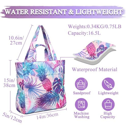 VASCHY Beach Tote Bag for Women, Lightweight Water Resistant Fold-able Large Pool Tote Bag w Zipper for Vocation - color: Purple Pineapple