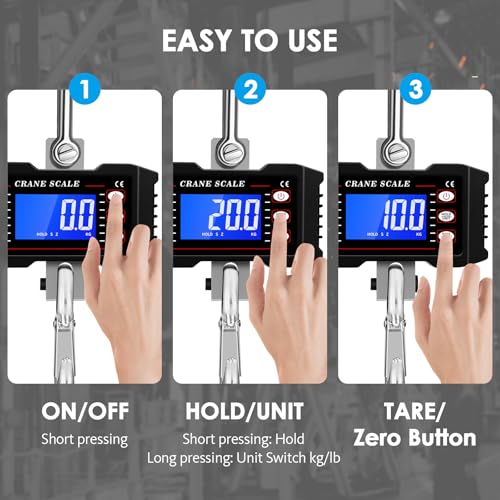 2200lb/1000kg Digital Crane Scale, Heavy Duty Industrial Hanging Scale with Backlit LCD, Tare, Data Hold and Unit Switch for Factory, Construction, Farm