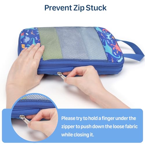 Kids Compression Packing Cubes - 4 PCS Sets, Blue Dinosaur | Water Resistant 4 Piece Set with Shoe Bag, Toddler Suitcase Organizer Set, Expandable Storage for Luggage - color: Blue Dinosaur