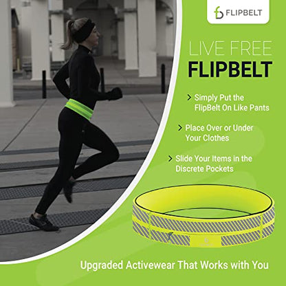 FlipBelt 지퍼 러닝 벨트, 피트니스 및 러닝용 허리 팩, 미국 회사 - color: 반사 네온 옐로우, size: XS
